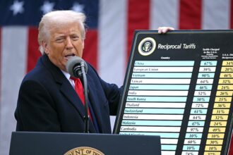 Donald Trump, presidente dos EUA segura um gráfico enquanto discursa sobre tarifas recíprocas durante um evento na Casa Branca em abril