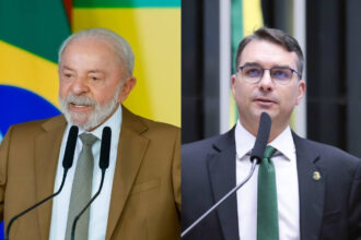 Lula e Flávio Bolsonaro em montagem fotográfica de cobertura eleitoral