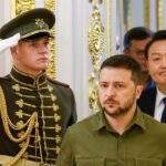 Presidente da Ucrânia Volodymyr Zelensky e da Coreia do Sul Yoon Suk Yeol em Kiev 15/7/2023