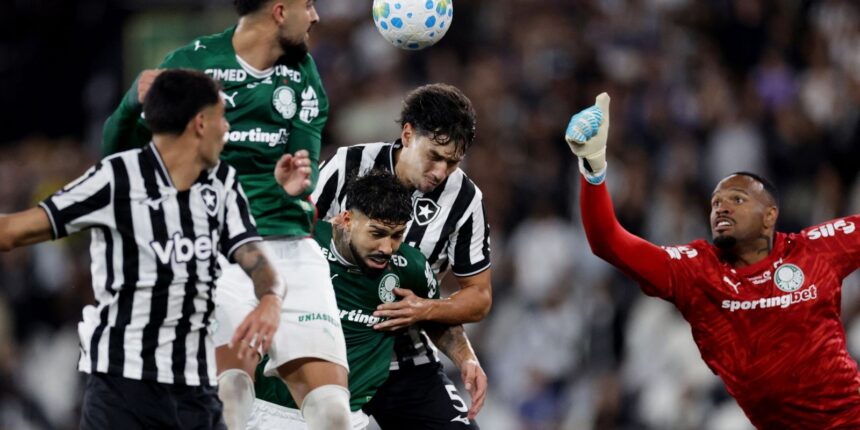 Soccer Football - Brasileiro Championship - Botafogo v Palmeiras - Estadio Nilton Santos, Rio de Janeiro, Brazil - September 6, 2026 Botafogo's Nahuel Ferraresi in action with Palmeiras' Carlos Eduardo REUTERS/Ricardo Moraes