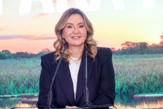 A vice-governadora do Pará, Hana Ghassan durante coletiava de imprensa