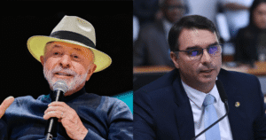 Presidente Luiz Inácio Lula da Silva (PT), à esquerda; o senador Flávio Bolsonaro (PL), à direita