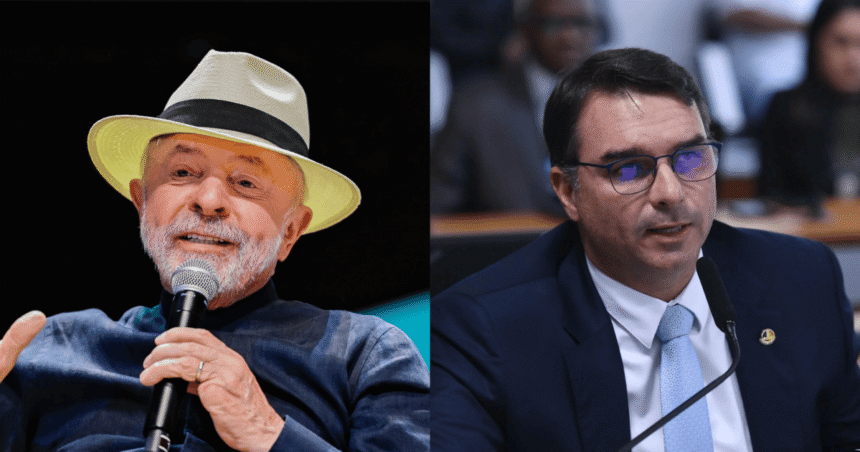 Presidente Luiz Inácio Lula da Silva (PT), à esquerda; o senador Flávio Bolsonaro (PL), à direita