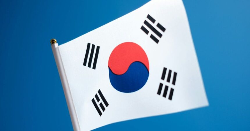 Bandeira da Coreia do Sul. Ela é branca, vermelha e preta