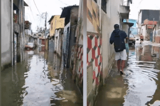 Rua alagada no Jardim Pantanal após chuvas em São Paulo