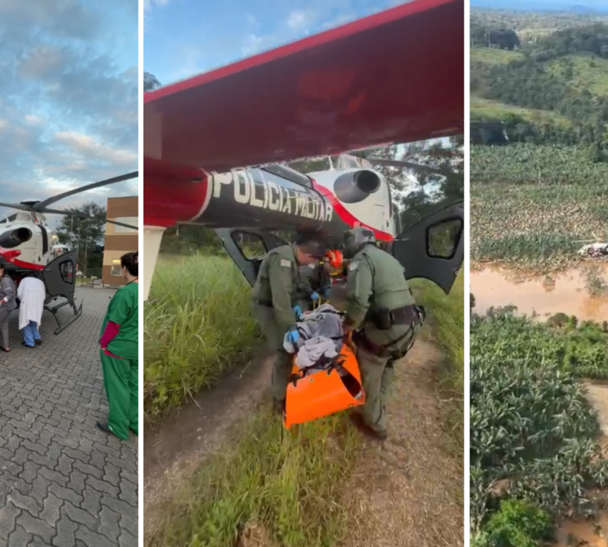 Operação de resgate aéreo em área atingida por alagamentos no interior de São Paulo