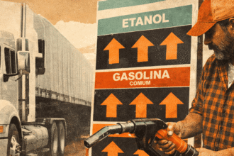 Ilustração de um caminhoneiro segurando uma bomba de gasolina ao lado de uma placa de preços