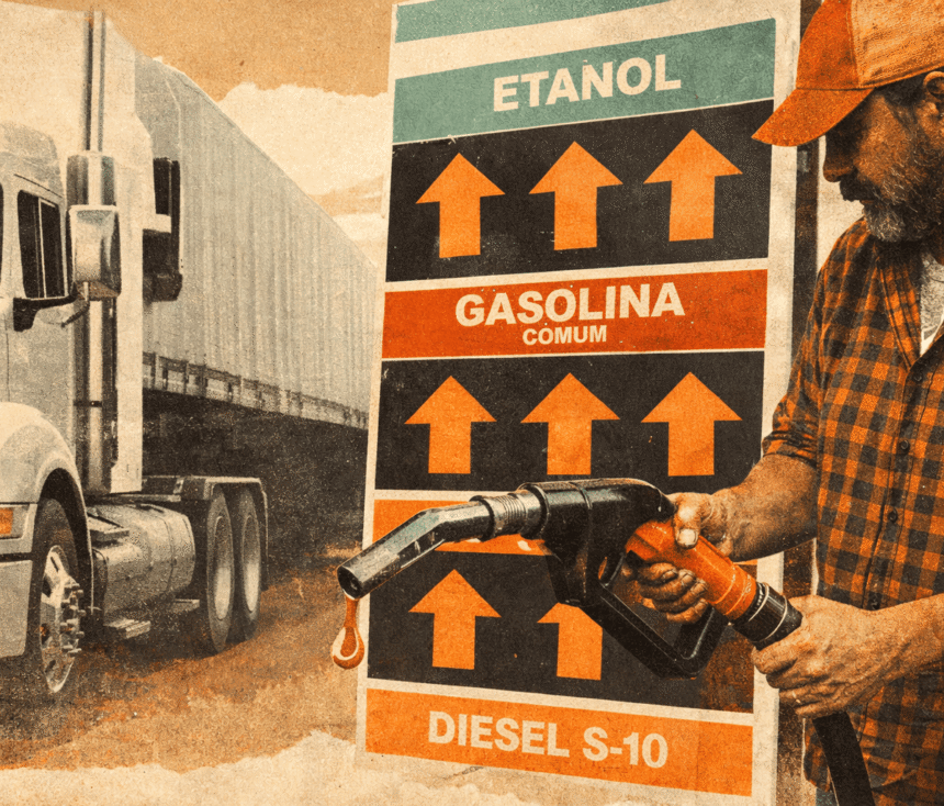 Ilustração de um caminhoneiro segurando uma bomba de gasolina ao lado de uma placa de preços