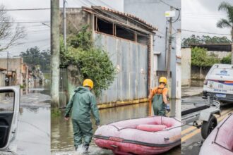 Vista de área afetada por alagamento em decorrência do aumento do volume do Rio Tietê