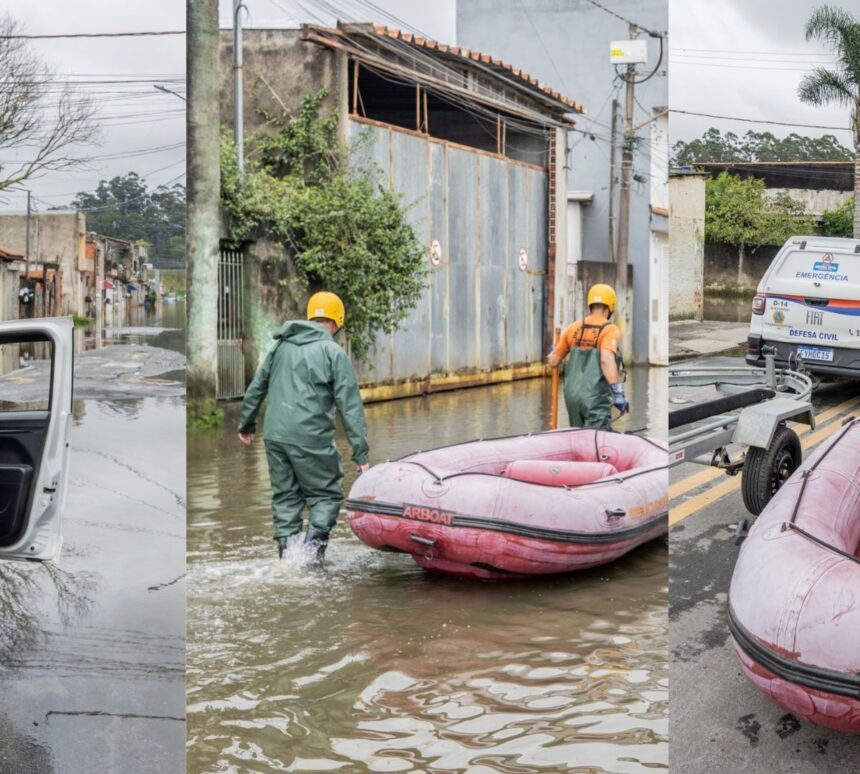 Vista de área afetada por alagamento em decorrência do aumento do volume do Rio Tietê