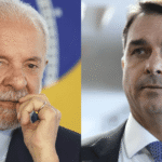 O presidente Lula, à esquerda, e o senador Flávio Bolsonaro, à direita