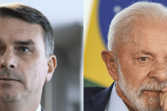 O senador Flávio Bolsonaro (à esquerda) e o presidente Luiz Inácio Lula da Silva (à direita)