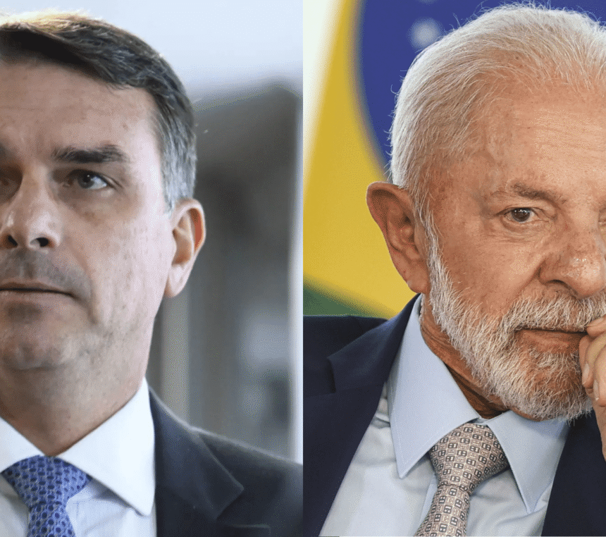 O senador Flávio Bolsonaro (à esquerda) e o presidente Luiz Inácio Lula da Silva (à direita)