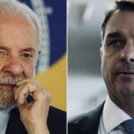 O presidente Luiz Inácio Lula da Silva à esquerda e o senador Flávio Bolsonaro à direita
