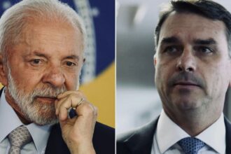 O presidente Luiz Inácio Lula da Silva à esquerda e o senador Flávio Bolsonaro à direita