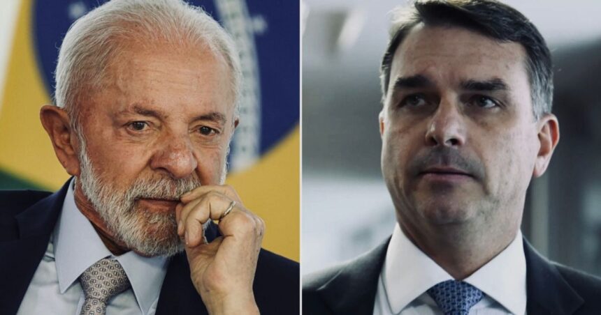 O presidente Luiz Inácio Lula da Silva à esquerda e o senador Flávio Bolsonaro à direita