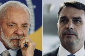 O presidente Luiz Inácio Lula da Silva à esquerda e o senador Flávio Bolsonaro à direita