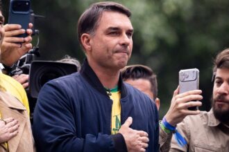 O candidato à presidência da República, Flávio Bolsonaro (PL), durante ato político do 7 de setembro de 2026