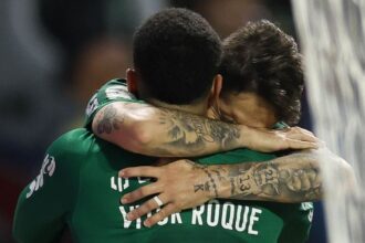 Palmeiras comemora gol contra o São Paulo no Brasileirão
