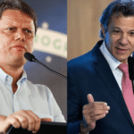 O governador Tarcísio de Freitas (à esquerda) e o ministro Fernando Haddad (à direita)