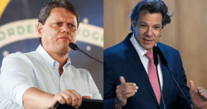 O governador Tarcísio de Freitas (à esquerda) e o ministro Fernando Haddad (à direita)