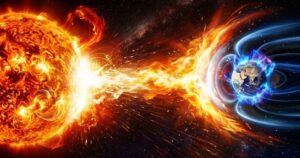 Representação de uma gigante explosão solar lançando material em direção à Terra