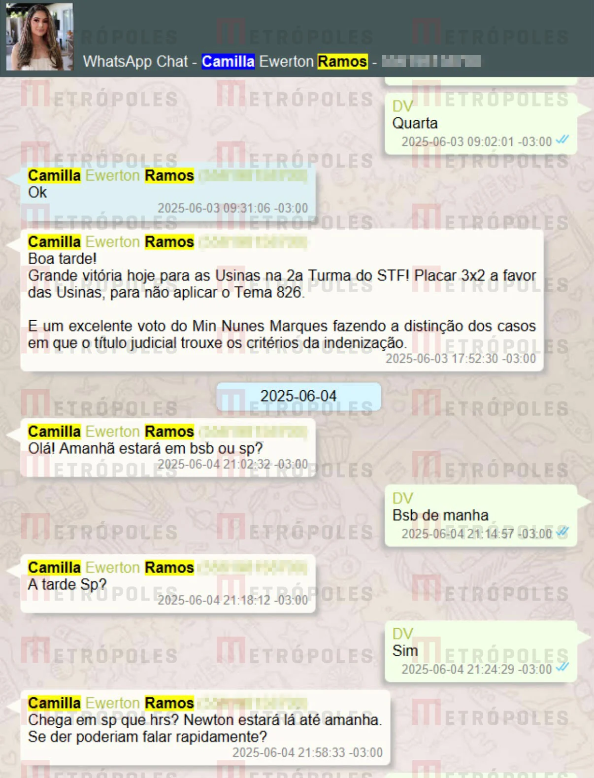 Mensagem relacionada a Camilla Ramos aparece no material divulgado pela reportagem