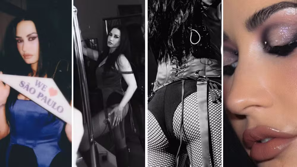 Montagem com registros de Demi Lovato durante sua passagem pelo Brasil.