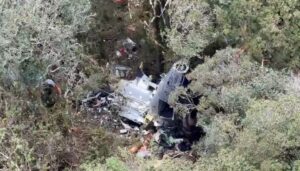 Destroços de helicóptero em área de mata