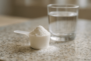Medida com creatina em pó ao lado de um copo de água