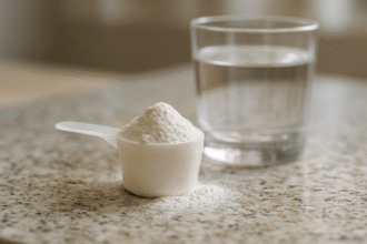 Medida com creatina em pó ao lado de um copo de água