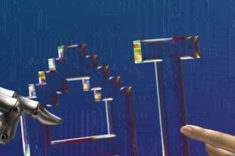 Mão humana e mão robótica apontam para símbolo de inteligência artificial representando os desafios quando a IA erra e exige supervisão humana.