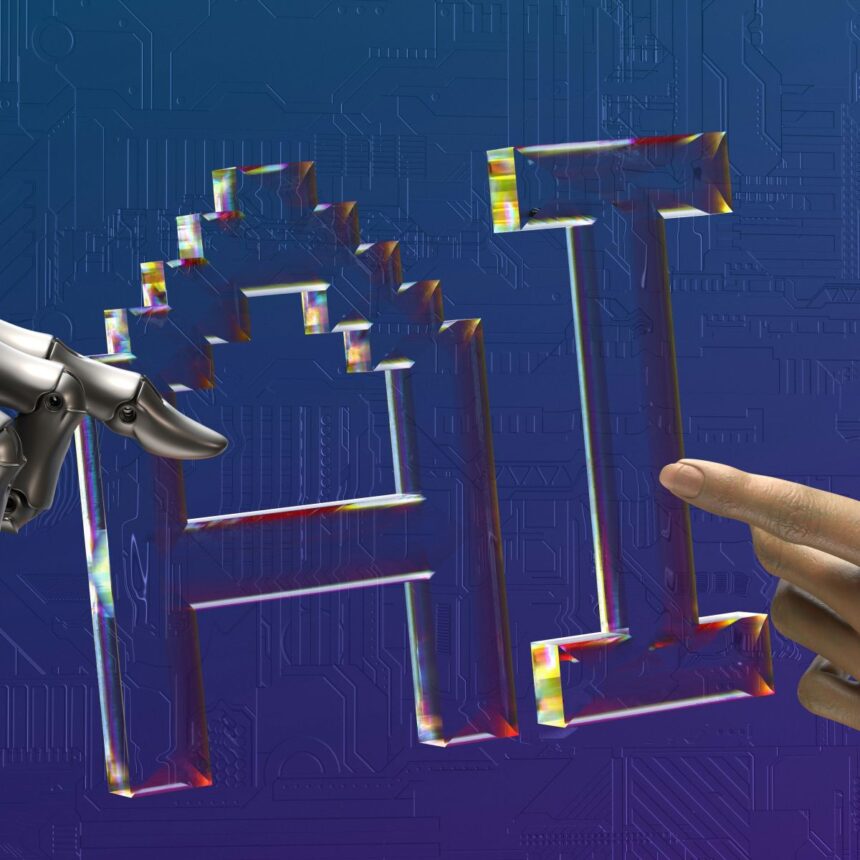 Mão humana e mão robótica apontam para símbolo de inteligência artificial representando os desafios quando a IA erra e exige supervisão humana.