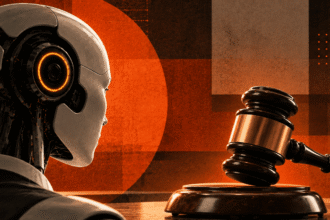 Imagem gerada por IA associa inteligência artificial a um processo judicial, com um martelo representando um tribunal
