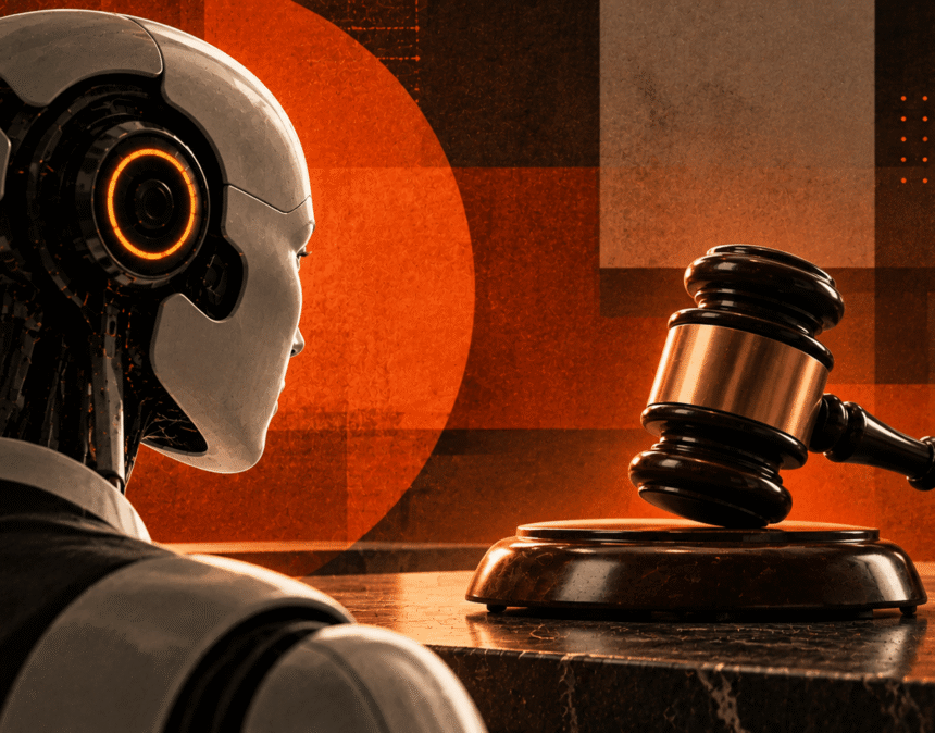 Imagem gerada por IA associa inteligência artificial a um processo judicial, com um martelo representando um tribunal
