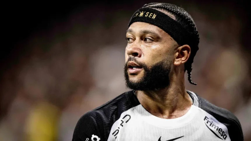 Atacante Memphis Depay em partida oficial pelo Corinthians