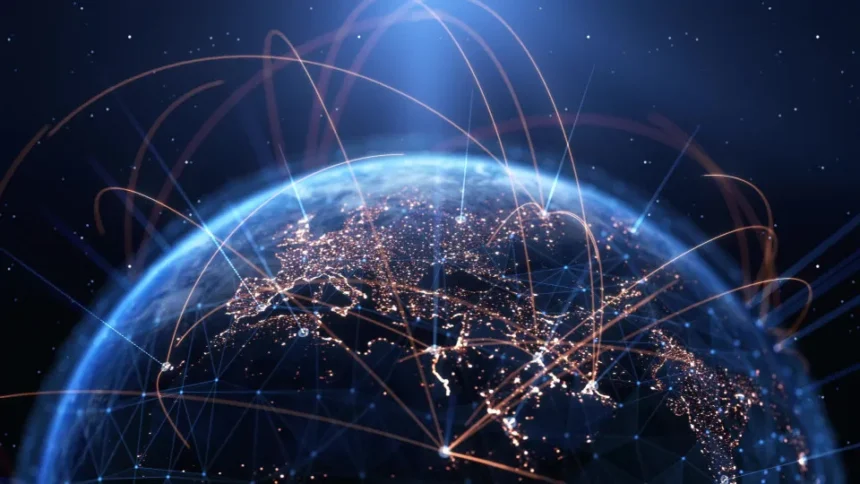 Representação do espaço sideral com satélites e tecnologia orbital