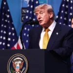 Donald Trump durante pronunciamento oficial nos Estados Unidos