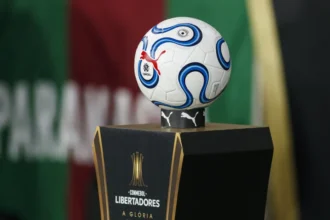 Jogadores comemoram em campo durante partida da Copa Libertadores