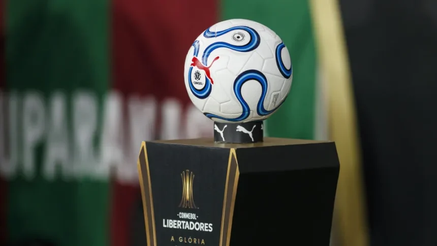 Jogadores comemoram em campo durante partida da Copa Libertadores