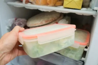 Alimentos armazenados para congelamento e descongelamento seguro