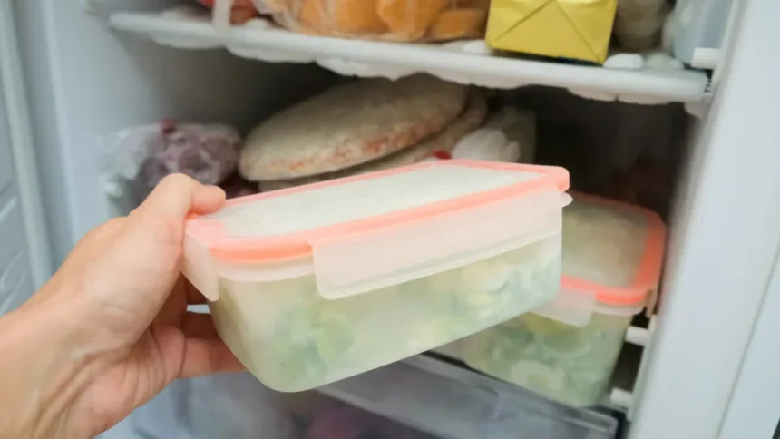 Alimentos armazenados para congelamento e descongelamento seguro