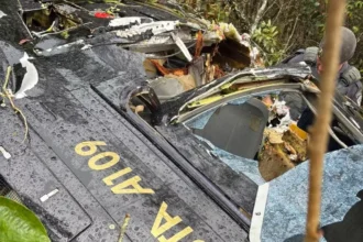 Parte do helicóptero que caiu em uma área de mata em Iaras (SP), na madrugada deste domingo