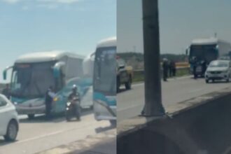 Viaduto e tráfego na Linha Vermelha no Rio de Janeiro