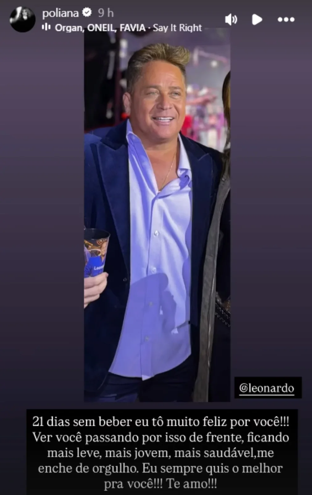 Poliana Rocha celebrou 21 dias de Leonardo sem consumo de bebida alcoólica.