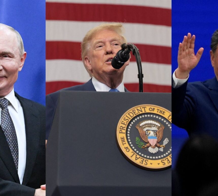 Bandeiras da Rússia, dos Estados Unidos e da China