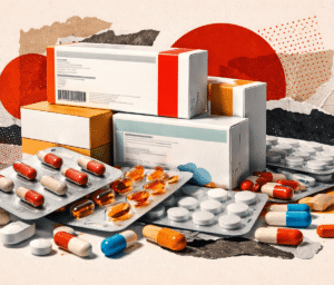 Imagem gerada por IA mostra medicamentos, como comprimidos, espalhados pela tela