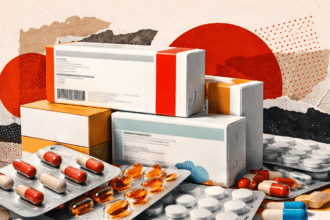 Imagem gerada por IA mostra medicamentos, como comprimidos, espalhados pela tela