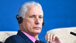O presidente de Cuba, Miguel Díaz-Canel, durante pronunciamento oficial.