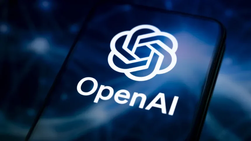 Logotipo da OpenAI em ambiente corporativo